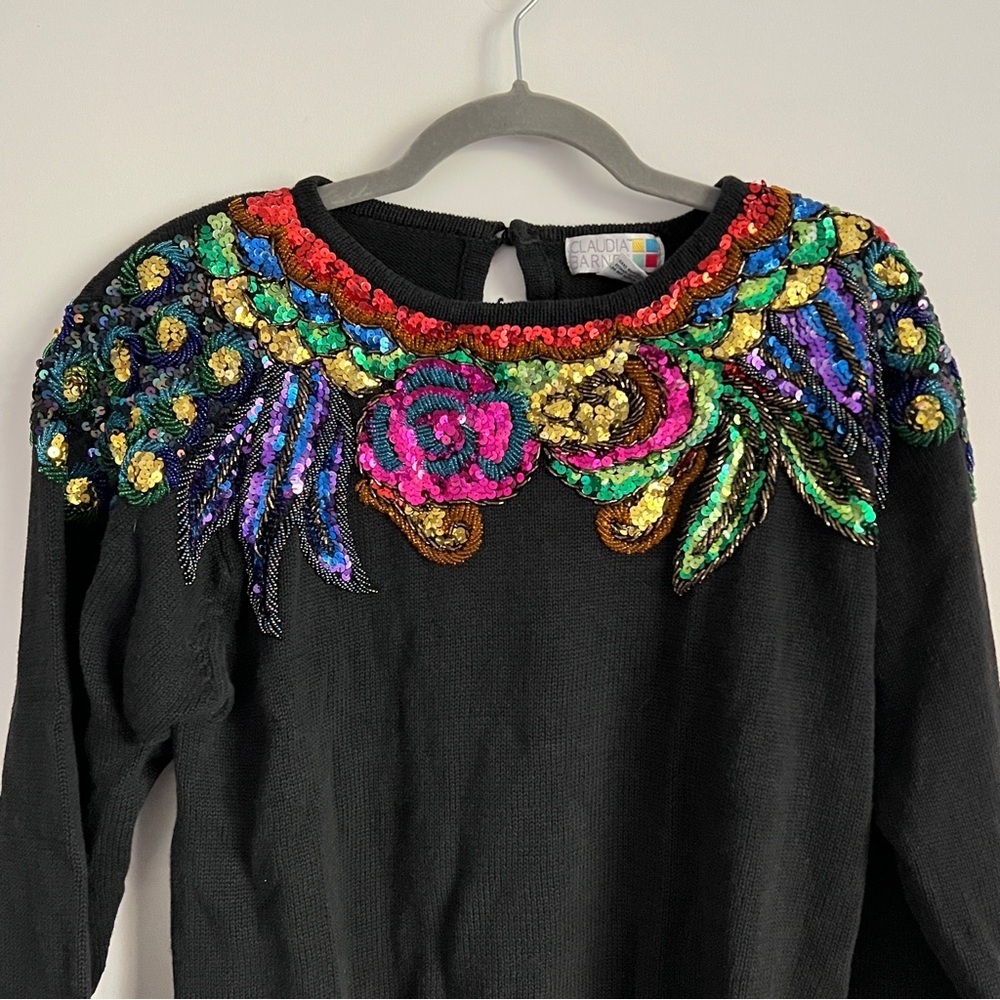 Vintage Claudia Barnes Black Colorful Sequin Glam Knit Sweater Size Small - Picture 2 of 8